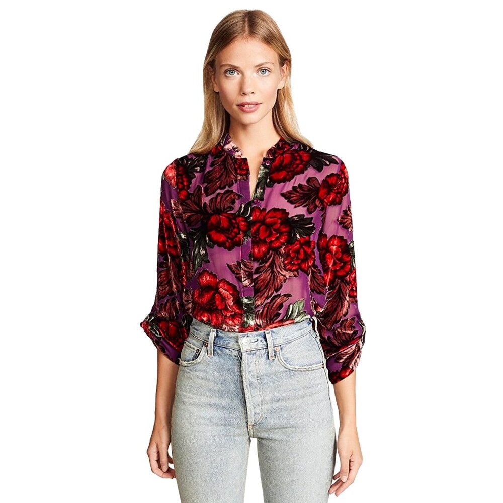Alice + Olivia Eloise Mandarin Collar Button Front Floral Burnout Blouse